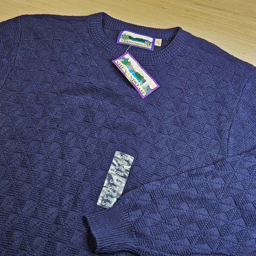 Vintage Textured Knit Shenandoah Sweater Mens LT Navy Blue Cotton Pullover NEW